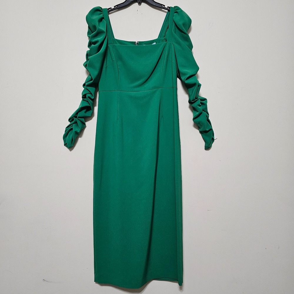 Antonio Melani Dress 6 Green Midi Long Ruched Sleeves Square Neck Sheath New1064
